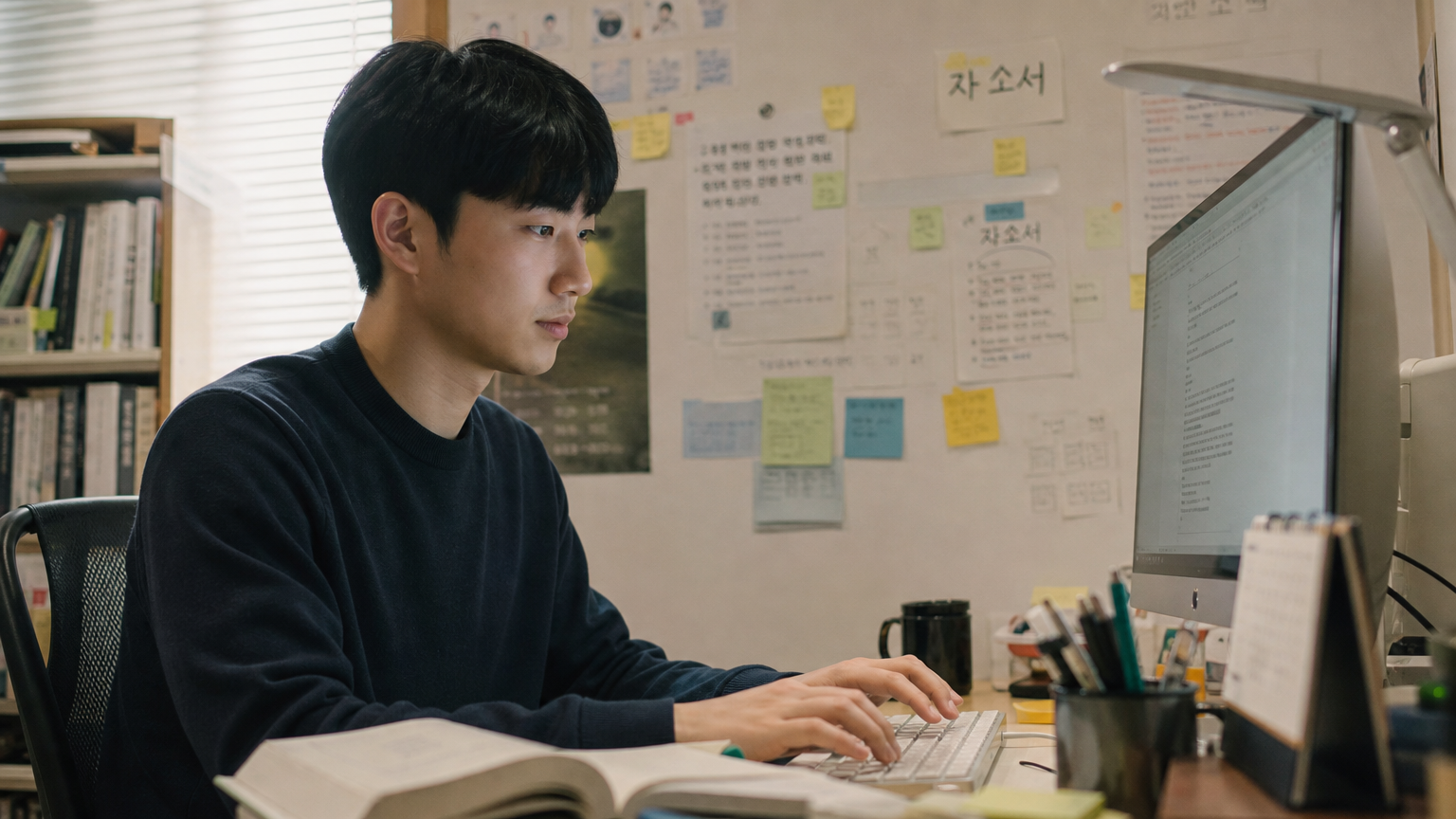 가정 내 공부방에서 컴퓨터로 자기소개서를 작성 중인 지원자의 모습