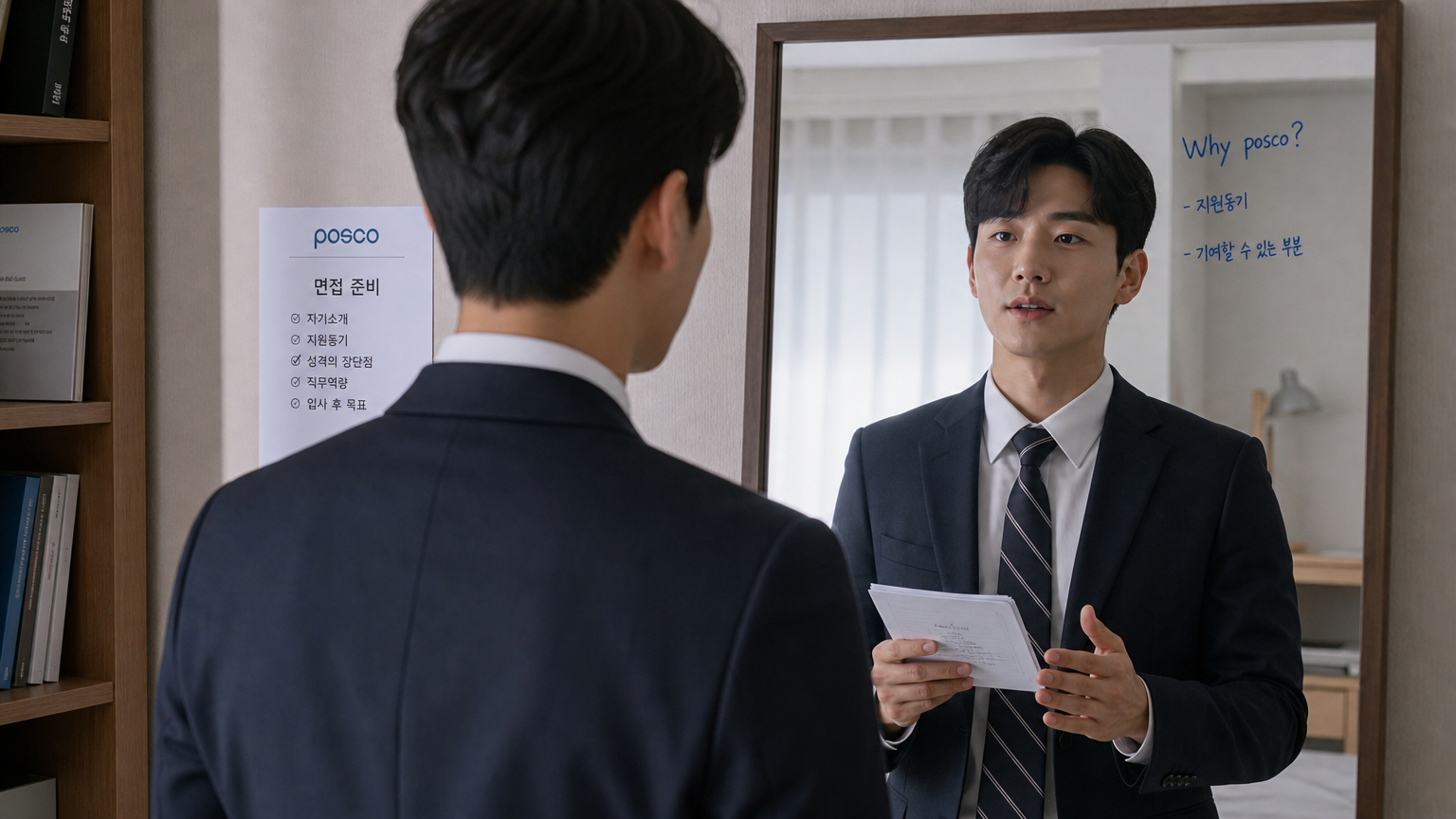 면접 준비를 위해 거울 앞에서 연습하며 노트를 검토하는 지원자