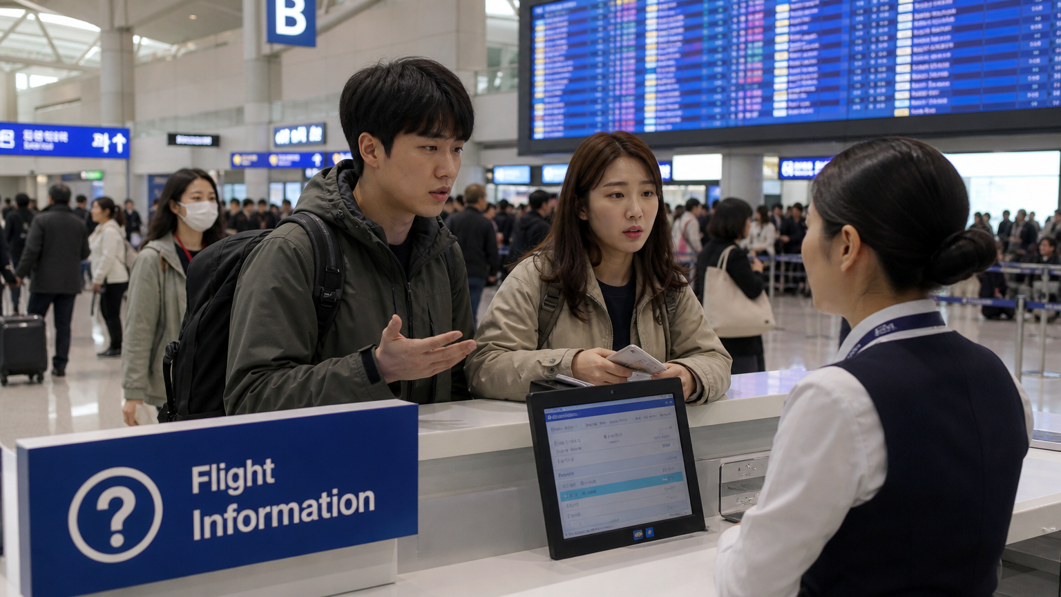 공항 안내 데스크에서 직원과 대화하며 비행기 지연 정보를 얻는 여행객들