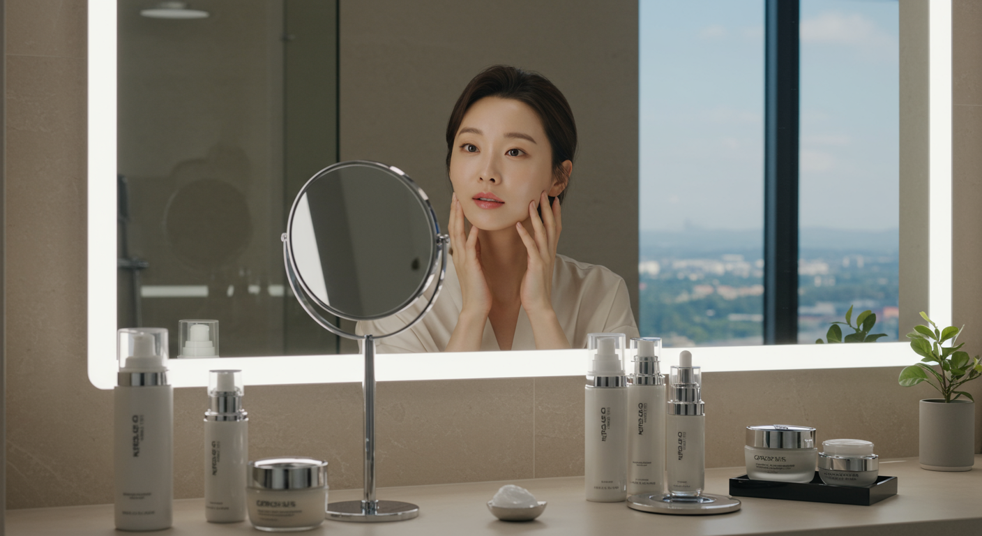 현대적인 욕실에서 광채 나는 피부를 가진 여성이 거울을 보고 있는 모습