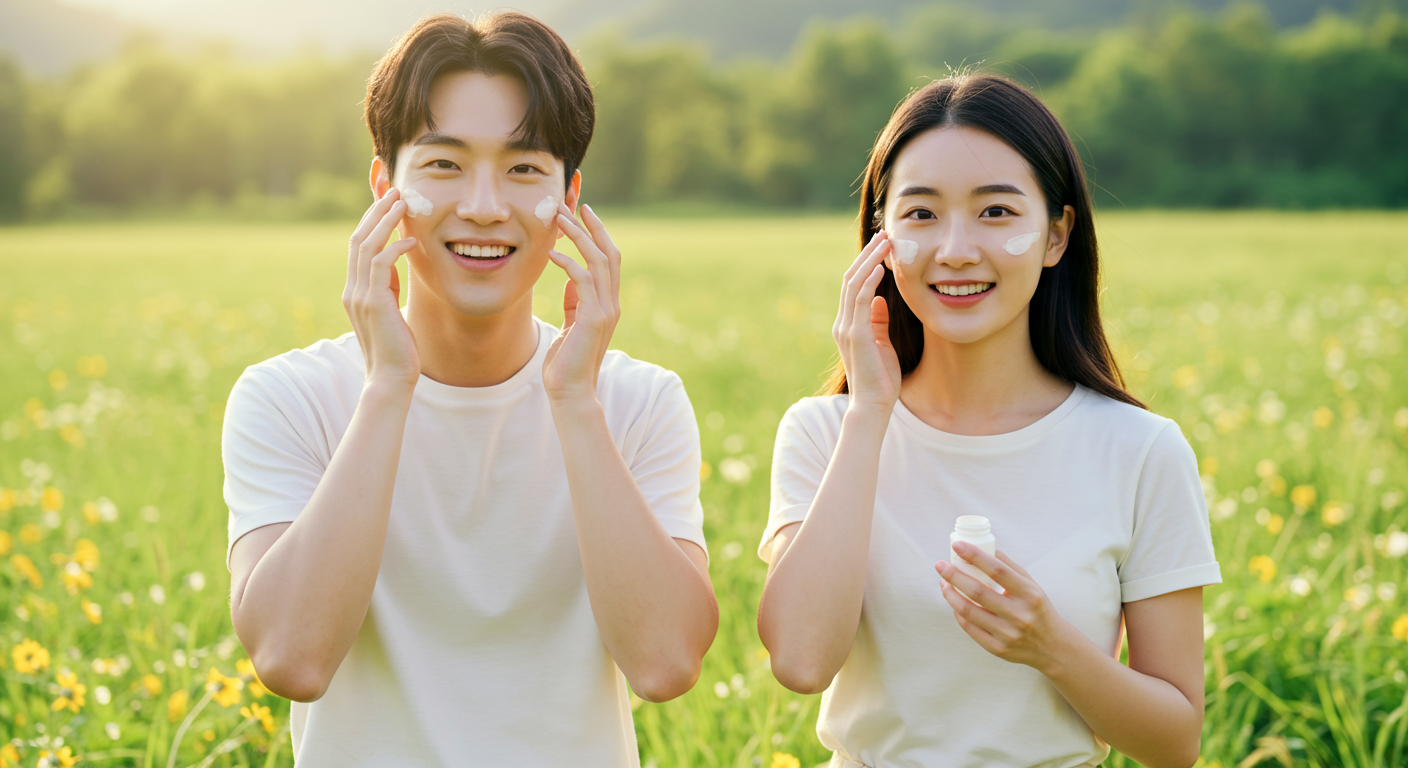 야외에서 젊은 한국인들이 자연 속에서 세럼과 자외선 차단제를 바르는 장면