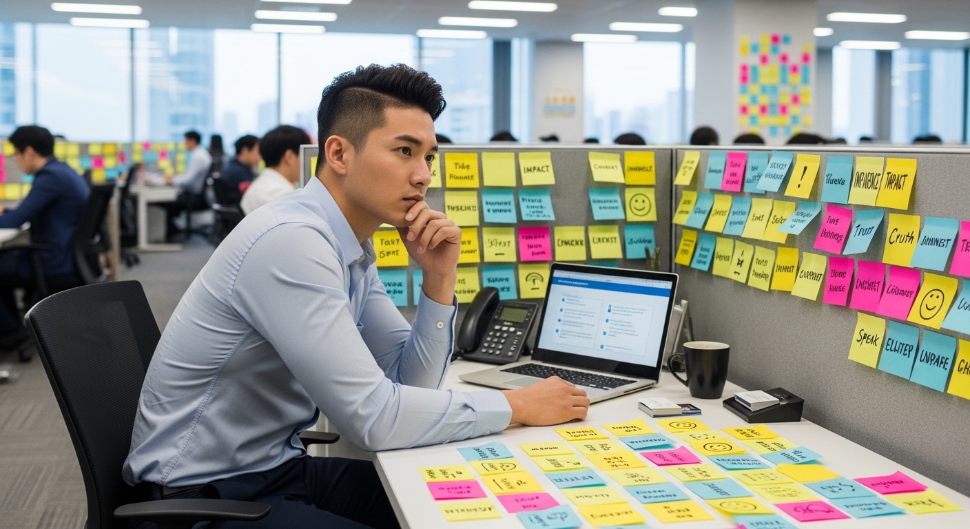 현대적인 사무실에서 책상에 앉아 깊이 생각에 잠긴 직장인의 모습, 주변에는 다양한 표현과 단어가 적힌 포스트잇들이 붙어 있는 장면