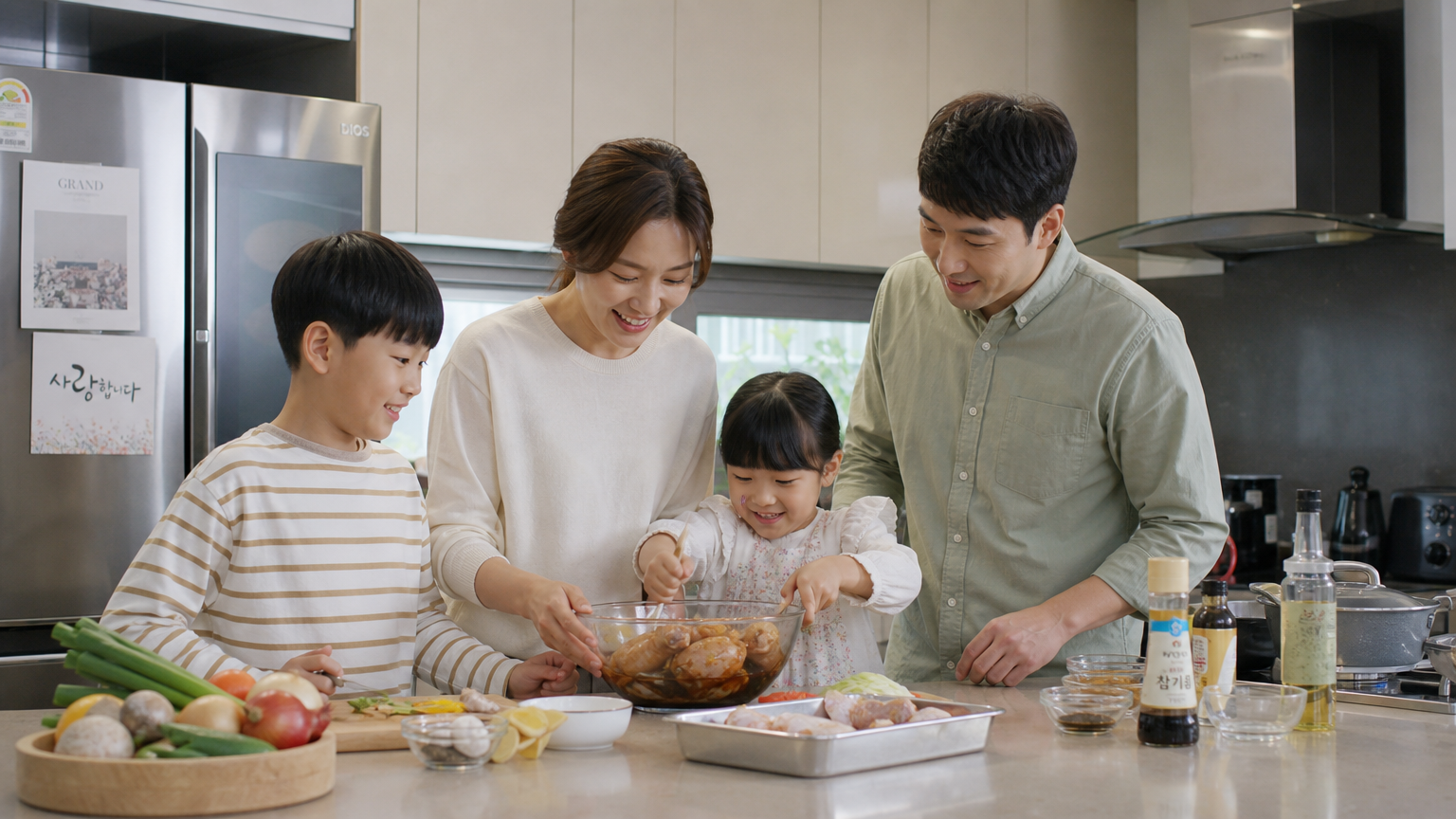한국 가정의 주방에서 가족들이 간장 양념 닭다리살을 준비하는 모습