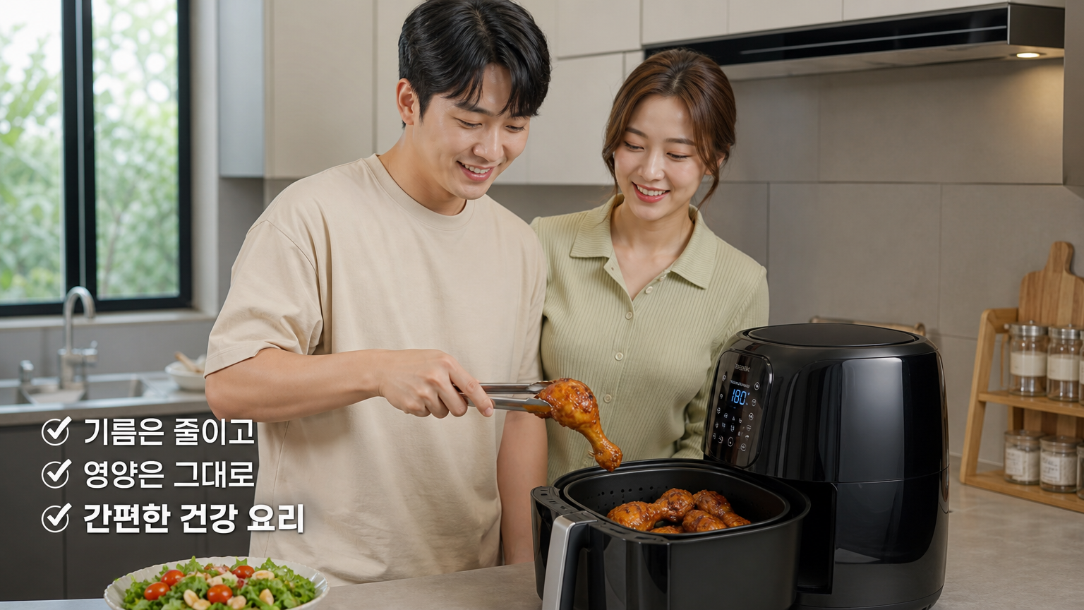 한국 부부가 에어프라이어로 간장 양념 닭다리살을 조리하는 장면