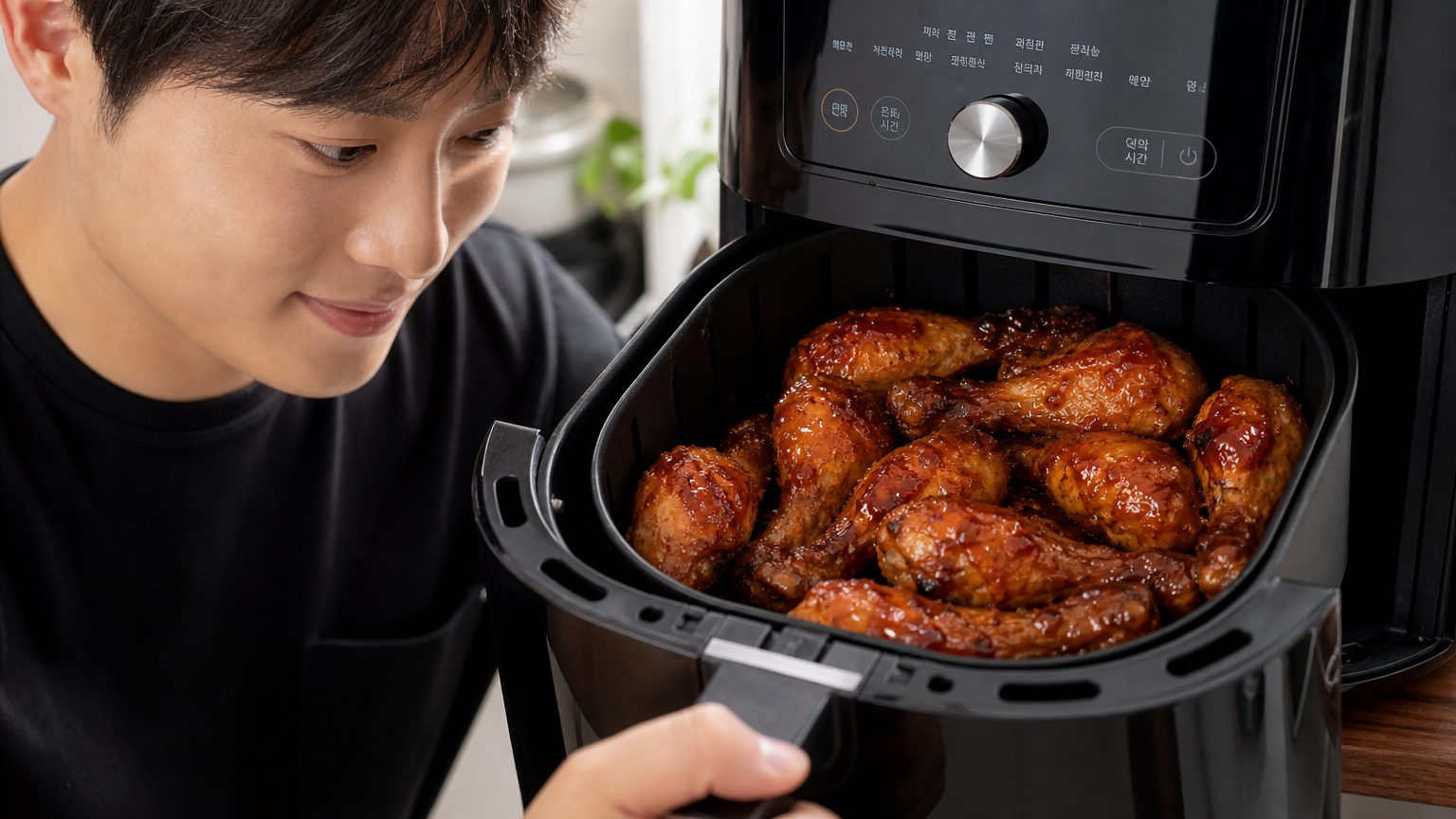 에어프라이어를 열고 바삭하게 구워진 간장 양념 닭다리살을 확인하는 남성의 모습