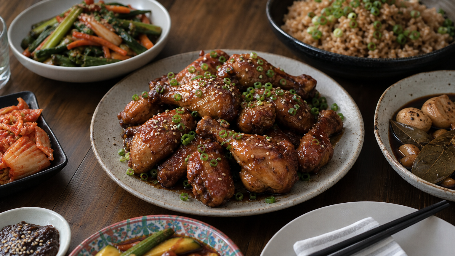 다양한 국제적 반찬과 함께 제공되는 퓨전 스타일의 간장 양념 닭다리살이 놓인 식탁