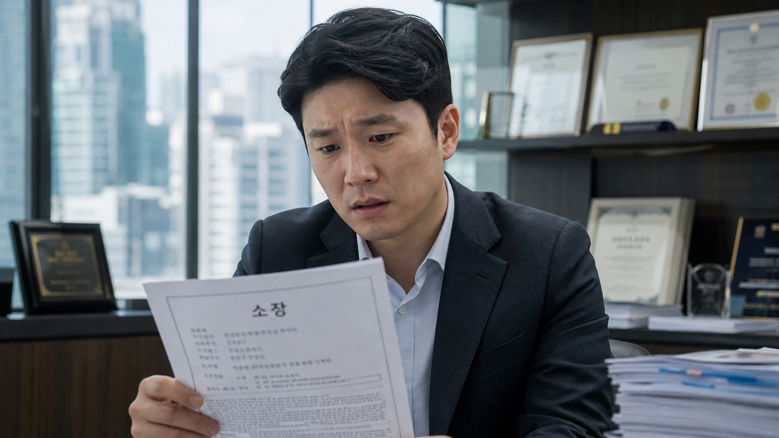 도시 사무실에서 걱정스러운 표정으로 법적 문서를 들고 있는 현대 한국 남성