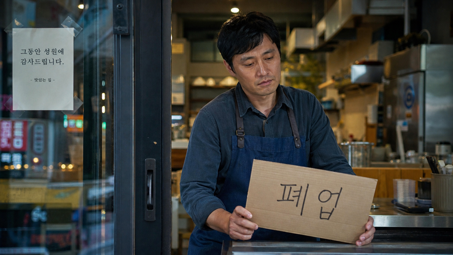 재정적 어려움으로 인해 식당을 폐업하는 중년 한국 사업가