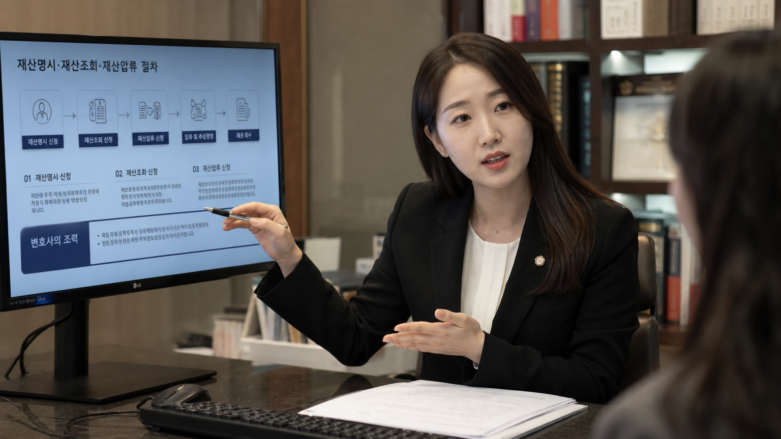 현대적인 법률 사무소에서 자산 압류 과정을 설명하는 한국 여성 변호사
