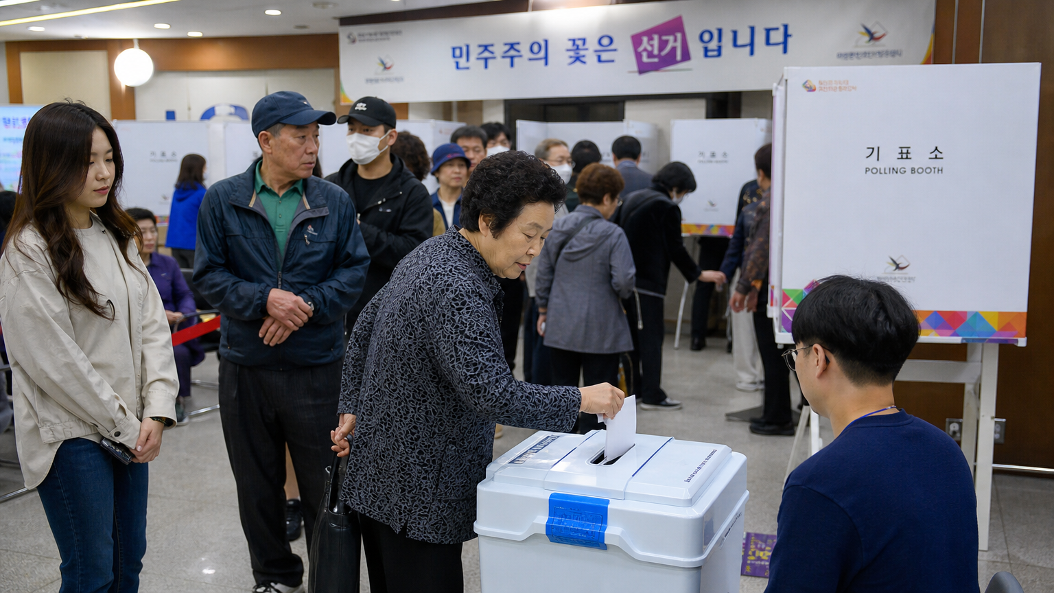 다양한 연령층이 참여하는 한국 도시의 투표소 풍경