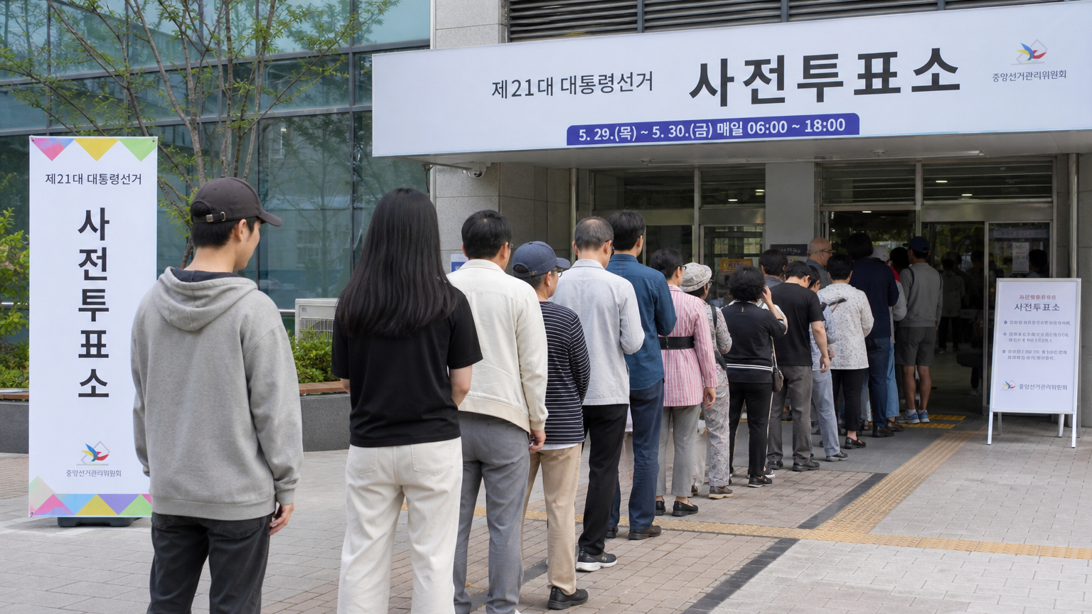 현대식 투표소에서 사전투표에 참여하는 시민들의 활기찬 모습