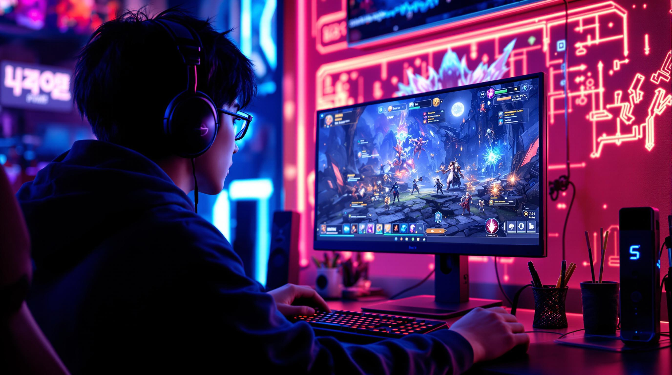 현대적인 게이밍룸에서 판타지 RPG 게임 화면을 보고 있는 집중한 한국 게이머의 모습