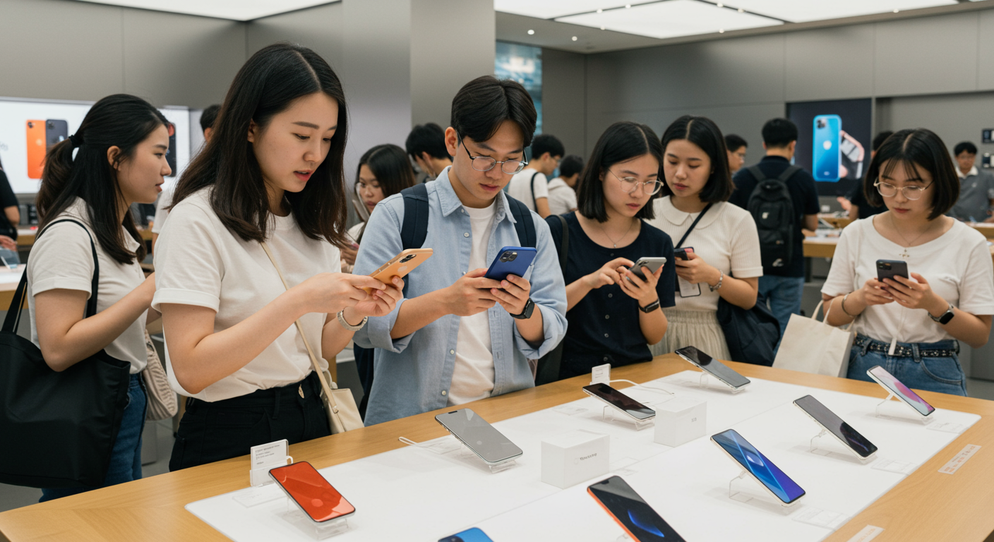현대적인 한국 소비자들이 애플 매장에서 다양한 색상의 아이폰 17 프로 모델을 살펴보는 모습