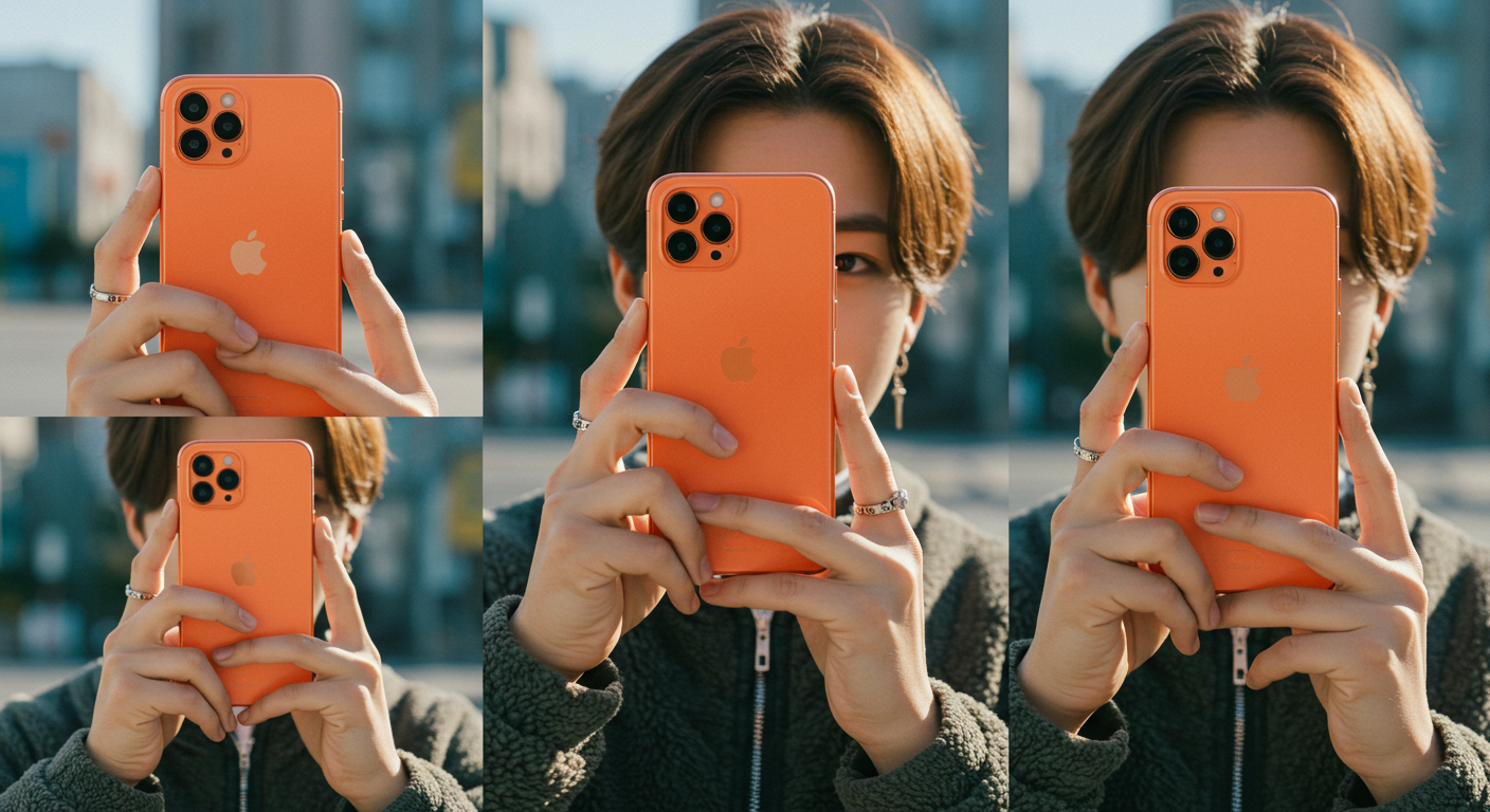 스타일리시한 한국 인플루언서가 소셜 미디어용 사진을 촬영하며 코스믹 오렌지 아이폰을 손에 들고 있는 클로즈업 모습