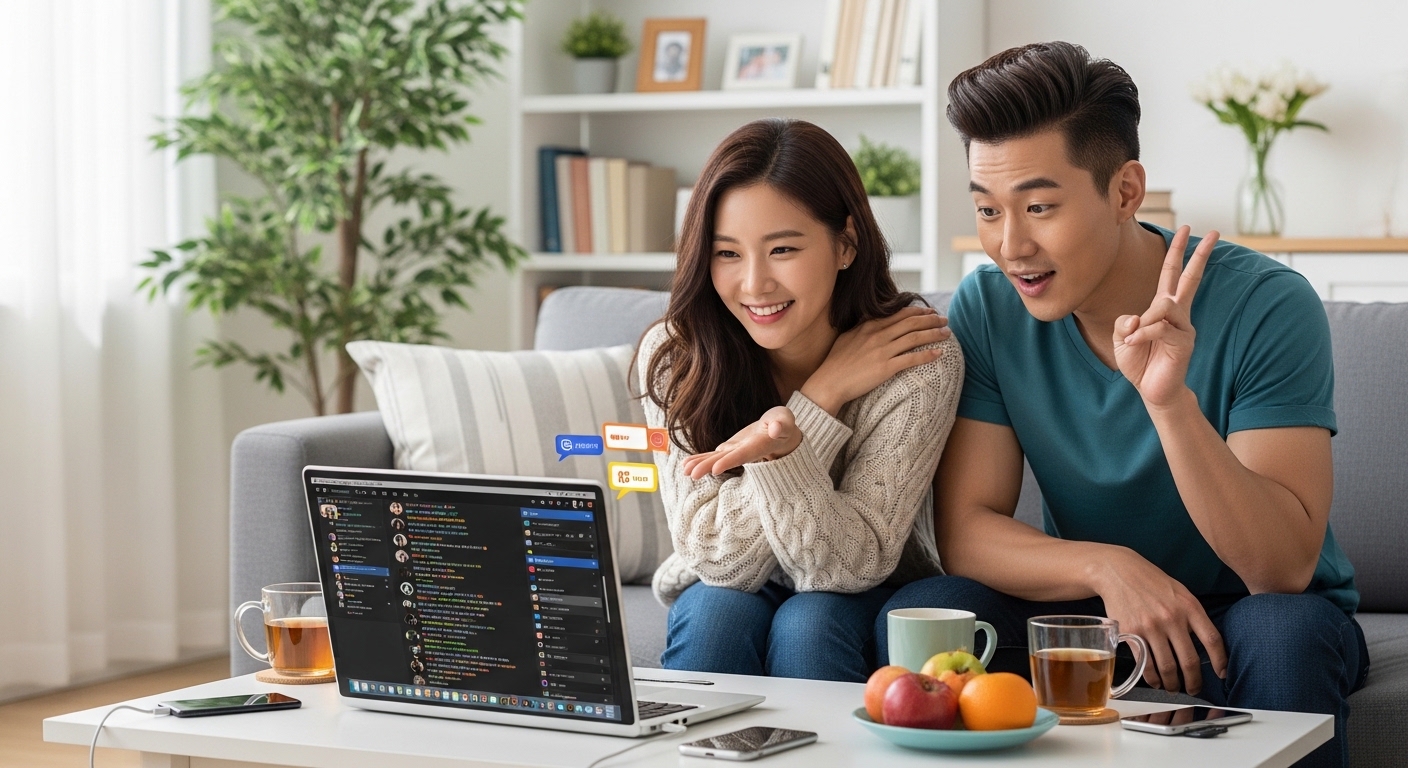 집에서 노트북으로 팬들과 소통하는 장면