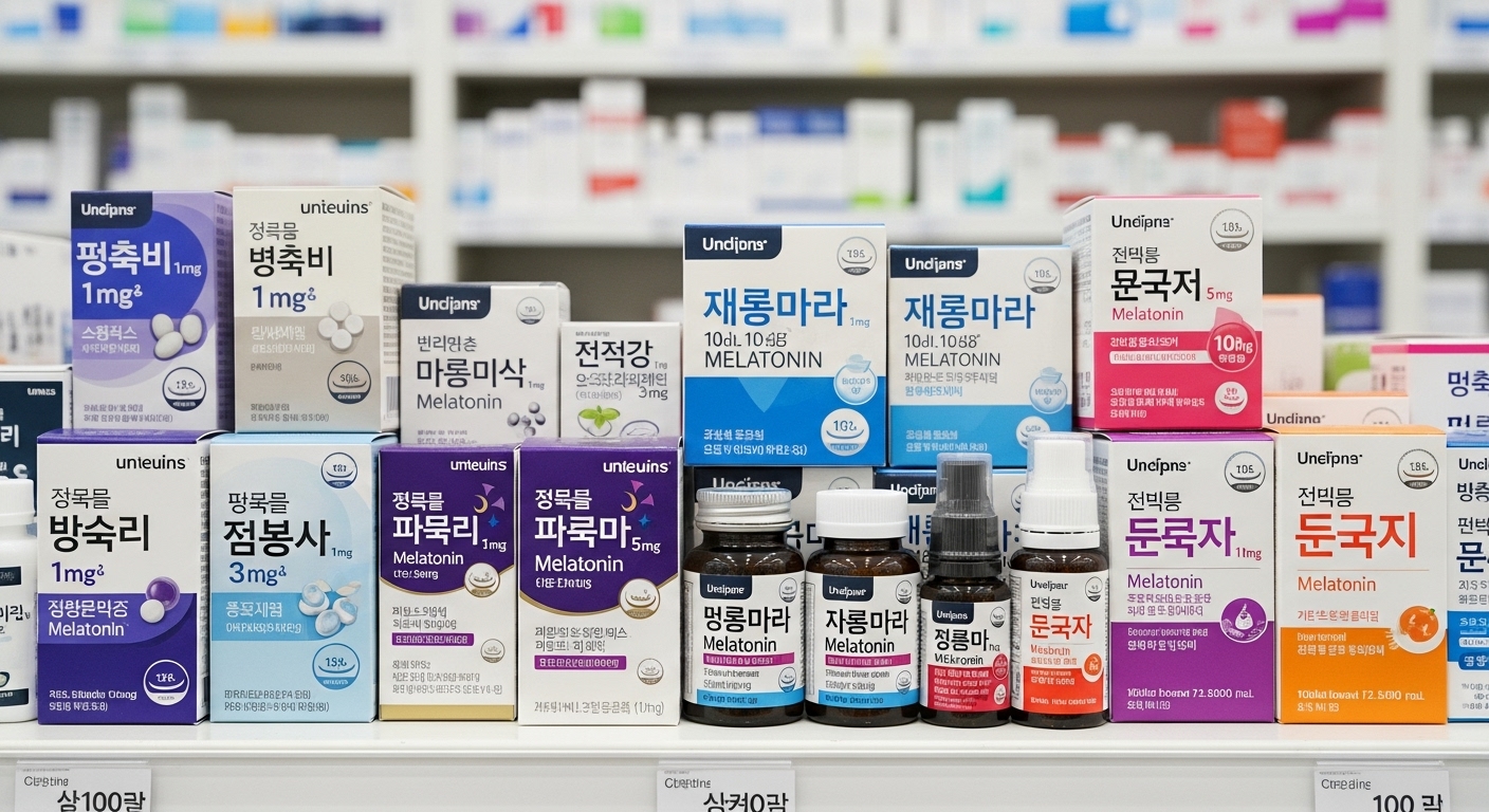 약국 선반에 진열된 다양한 멜라토닌 제품들