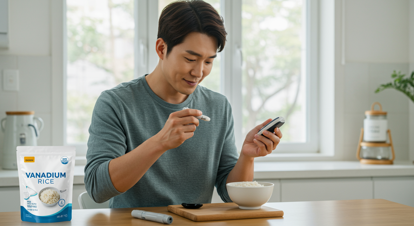 바나듐쌀 섭취 후 혈당 수치를 측정하며 만족스러운 표정을 짓는 남성
