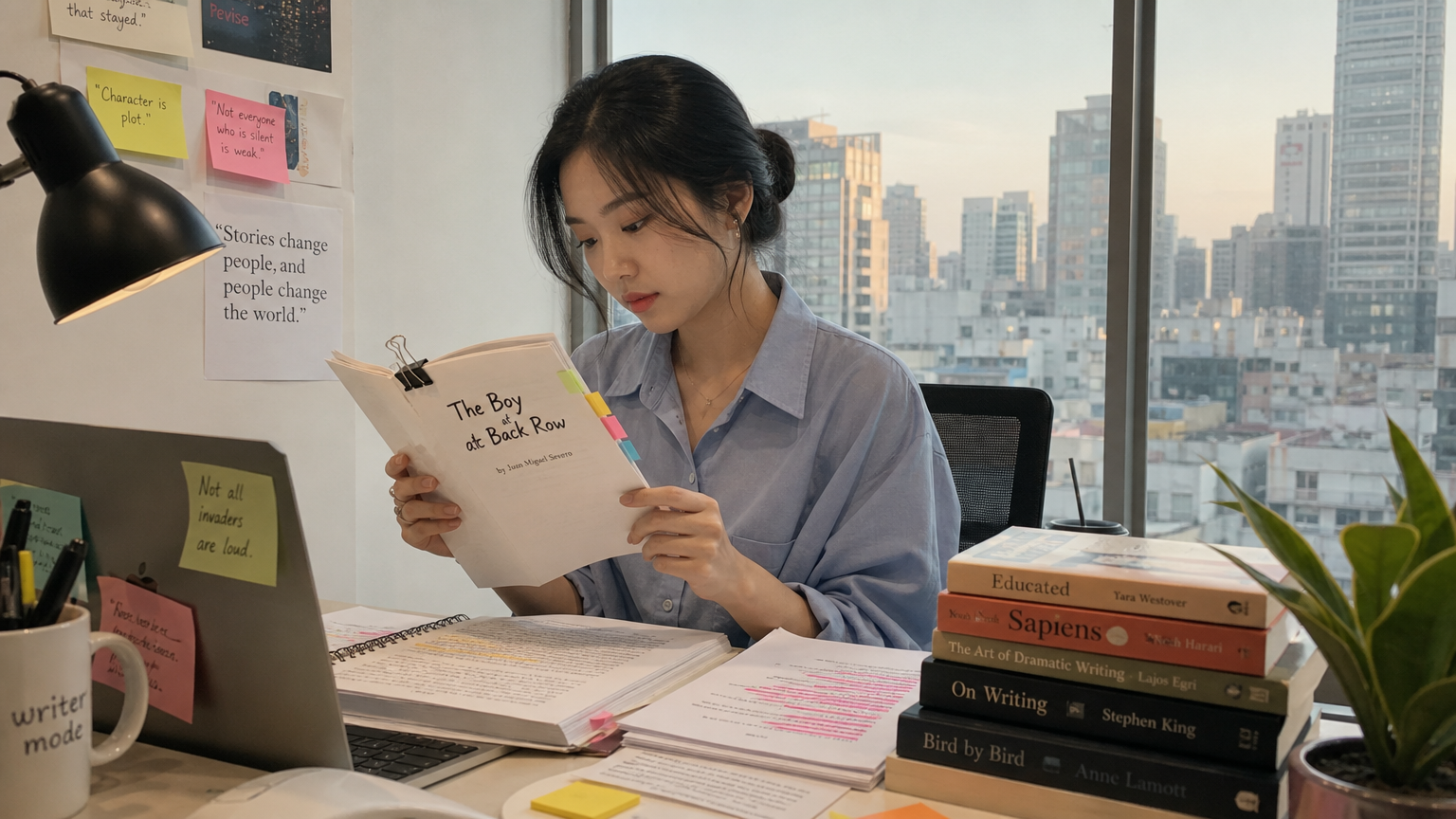 현대 사무실에서 '맨끝줄소년' 대본을 읽고 있는 직장인의 모습