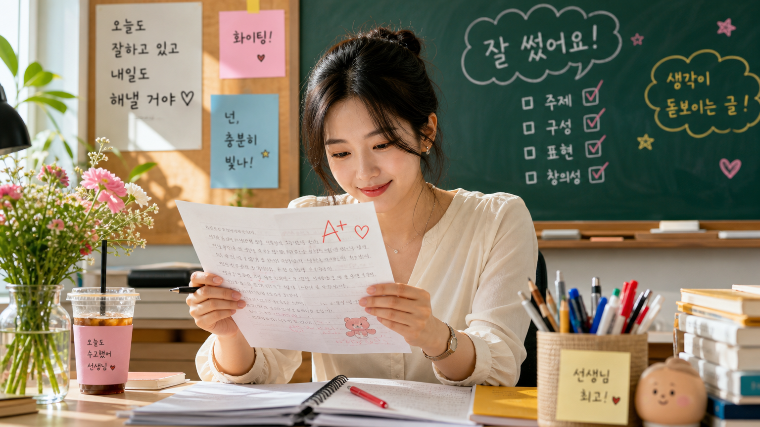 활기찬 교실에서 학생의 글을 진지하게 읽고 있는 교사