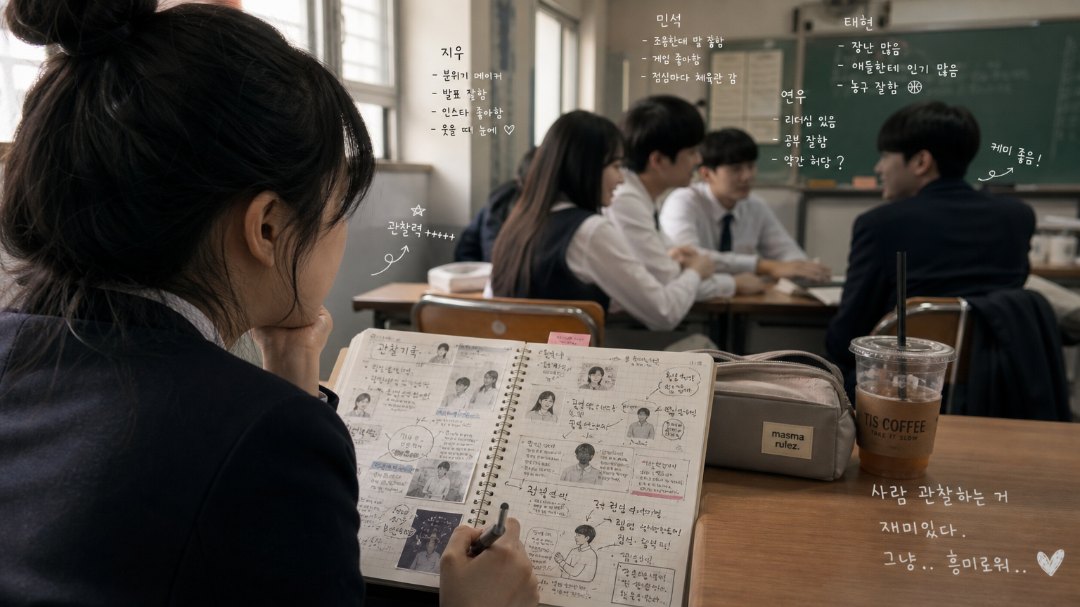 교실 뒤쪽 자리에서 동급생들을 몰래 관찰하는 학생