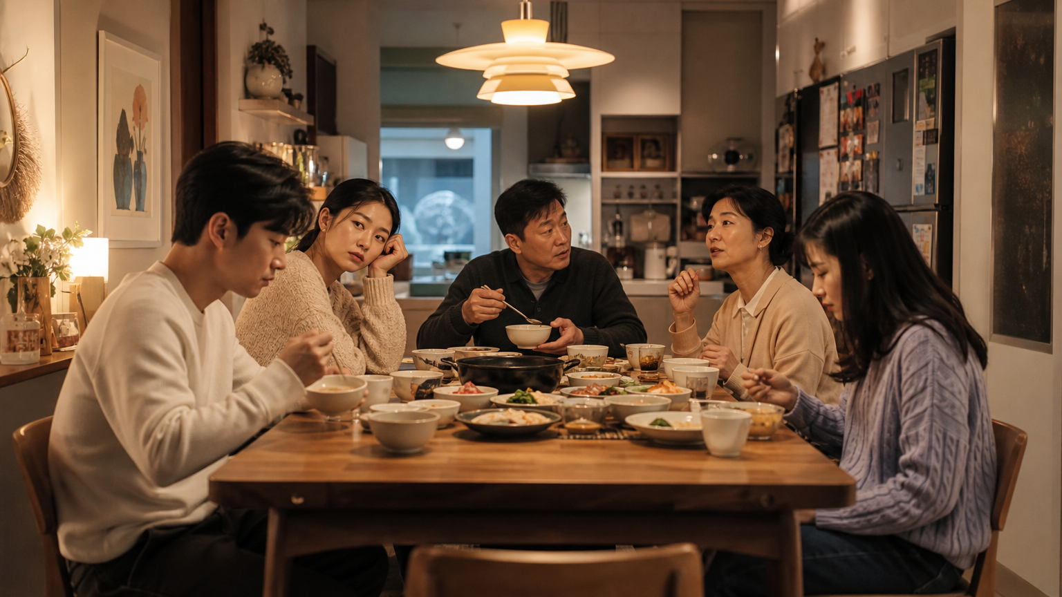 평범한 가족 저녁 식사 장면 속 숨겨진 긴장감