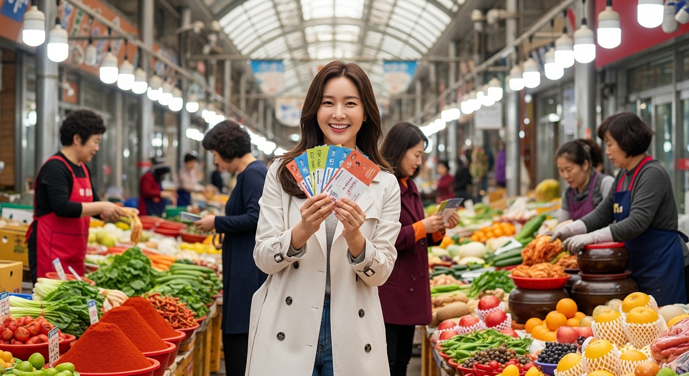 전통시장에서 온누리 상품권을 사용하는 젊은 여성의 모습, 생동감 넘치는 시장 풍경