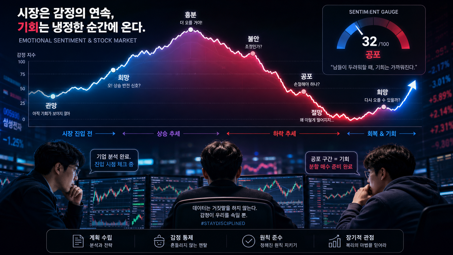 주식 거래에서 감정 지수 변화를 보여주는 그래프와 집중하는 한국인 트레이더들