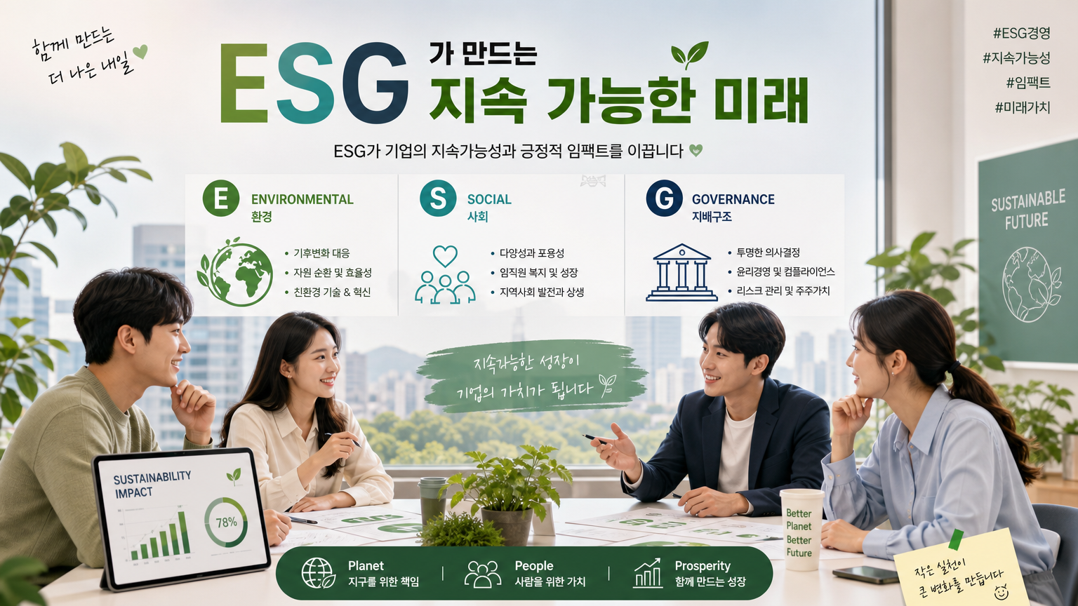 기업 지속 가능성을 좌우하는 ESG 요소를 설명하며 토론하는 다양한 전문가들