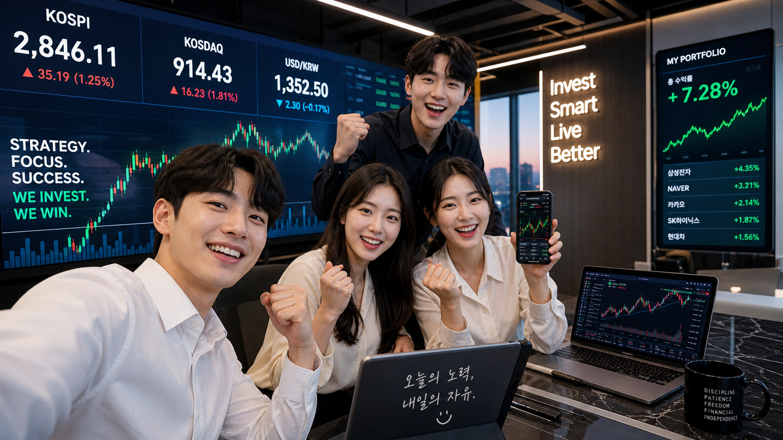 현대적인 환경에서 성공적인 거래를 축하하는 자신감 있는 한국인 투자자들