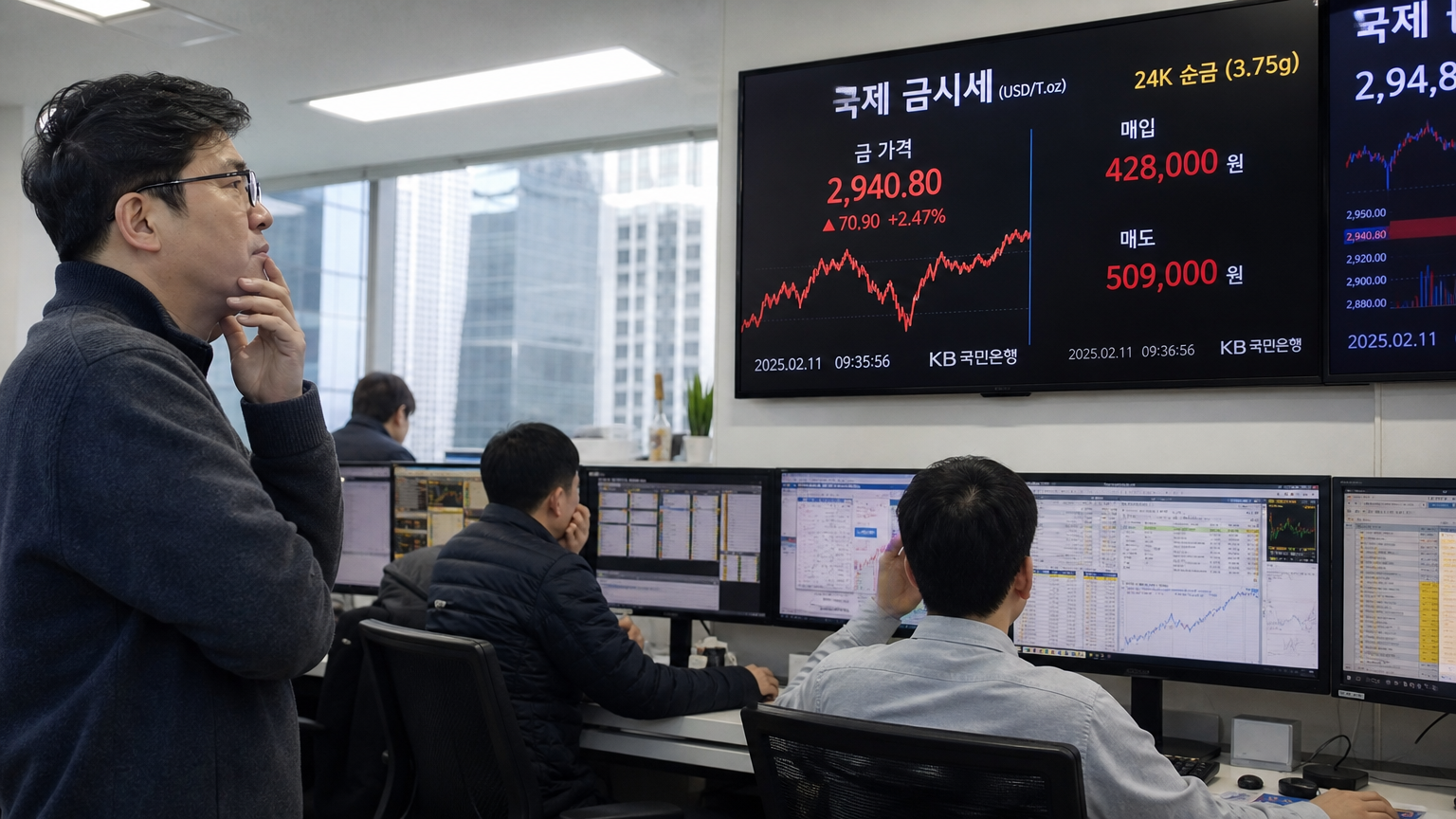 서울의 현대적인 사무실에서 금 시세 변동을 주시하는 투자자들