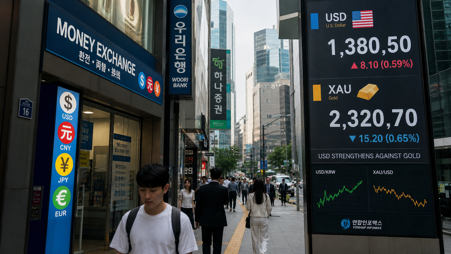 서울 금융 거리에서 보이는 통화 환율 표지판과 디지털 티커