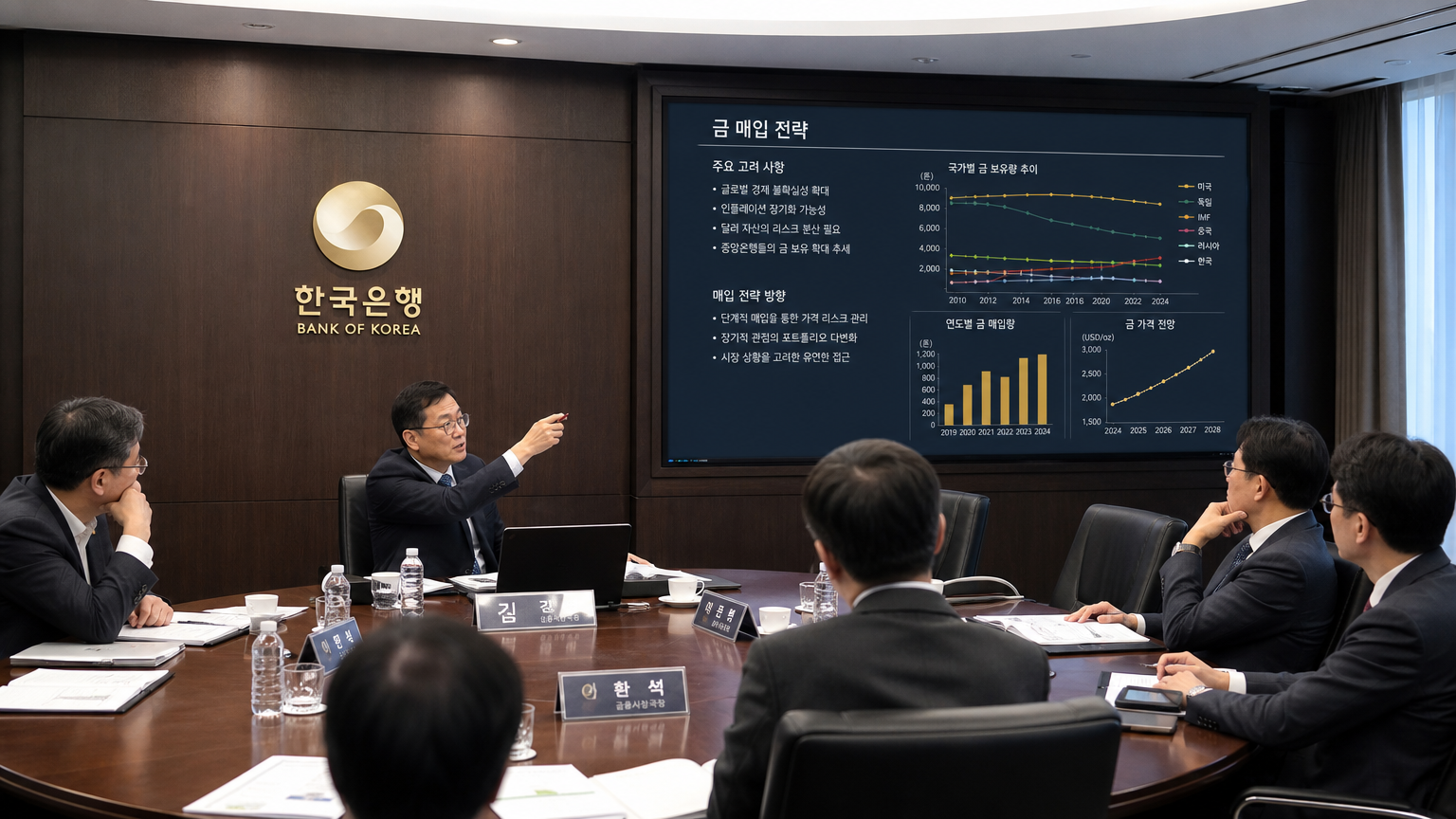 세련된 회의실에서 골드 구매 전략을 논의하는 중앙은행 관계자들
