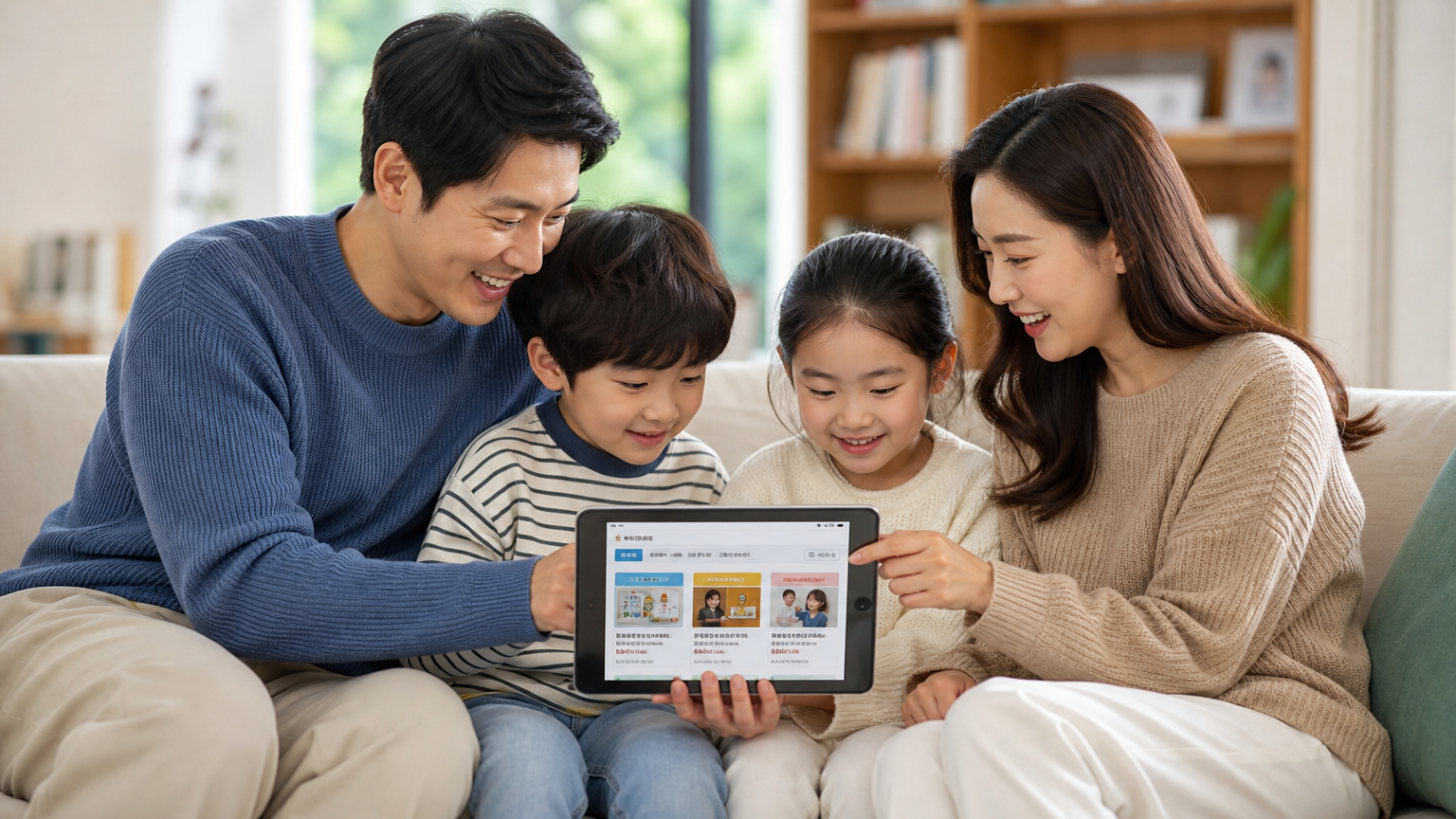 현대적인 한국 가족이 집에서 태블릿으로 문화센터 강좌를 살펴보는 장면