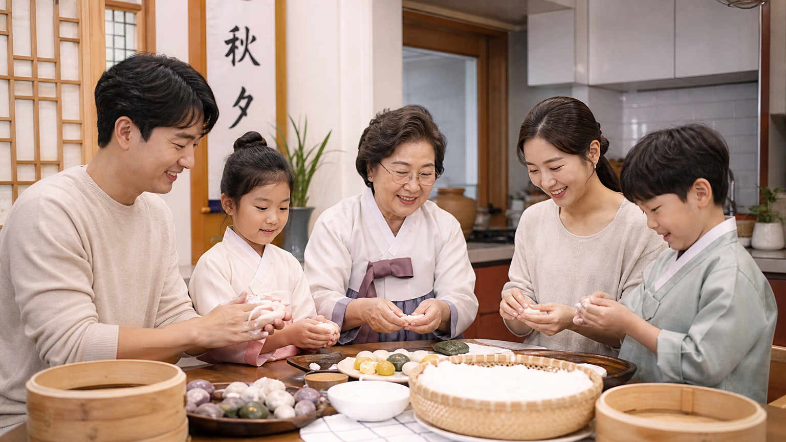 한가위를 맞아 가족들이 송편 등 전통 음식을 함께 만드는 장면