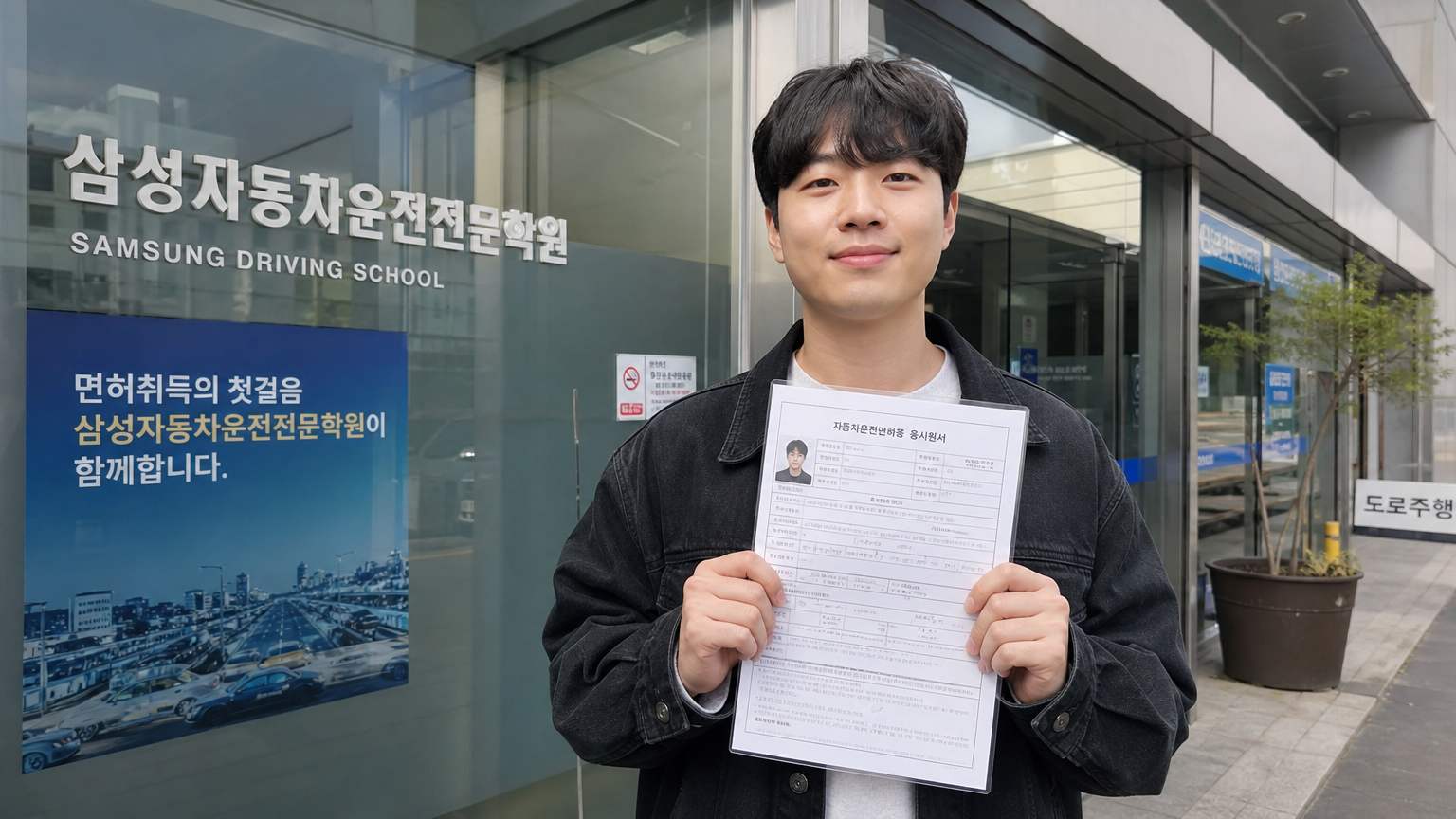 서울의 현대적인 운전면허학원 입구에서 신청서를 들고 있는 젊은 성인의 희망찬 모습