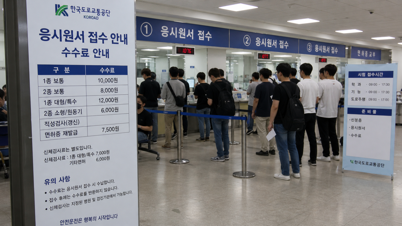 한국의 공식 운전시험장에서 대기 중인 사람들과 시험 비용 안내 표지판이 보이는 모습