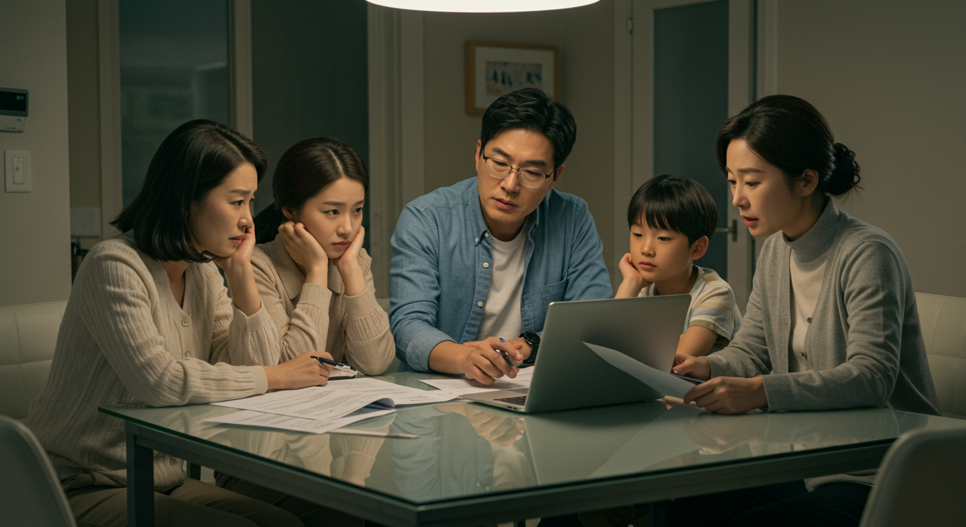 한식 식탁에 앉아 재정 문제를 논의하는 현대 한국 가족의 모습, 문서와 노트북이 함께 놓여 있음