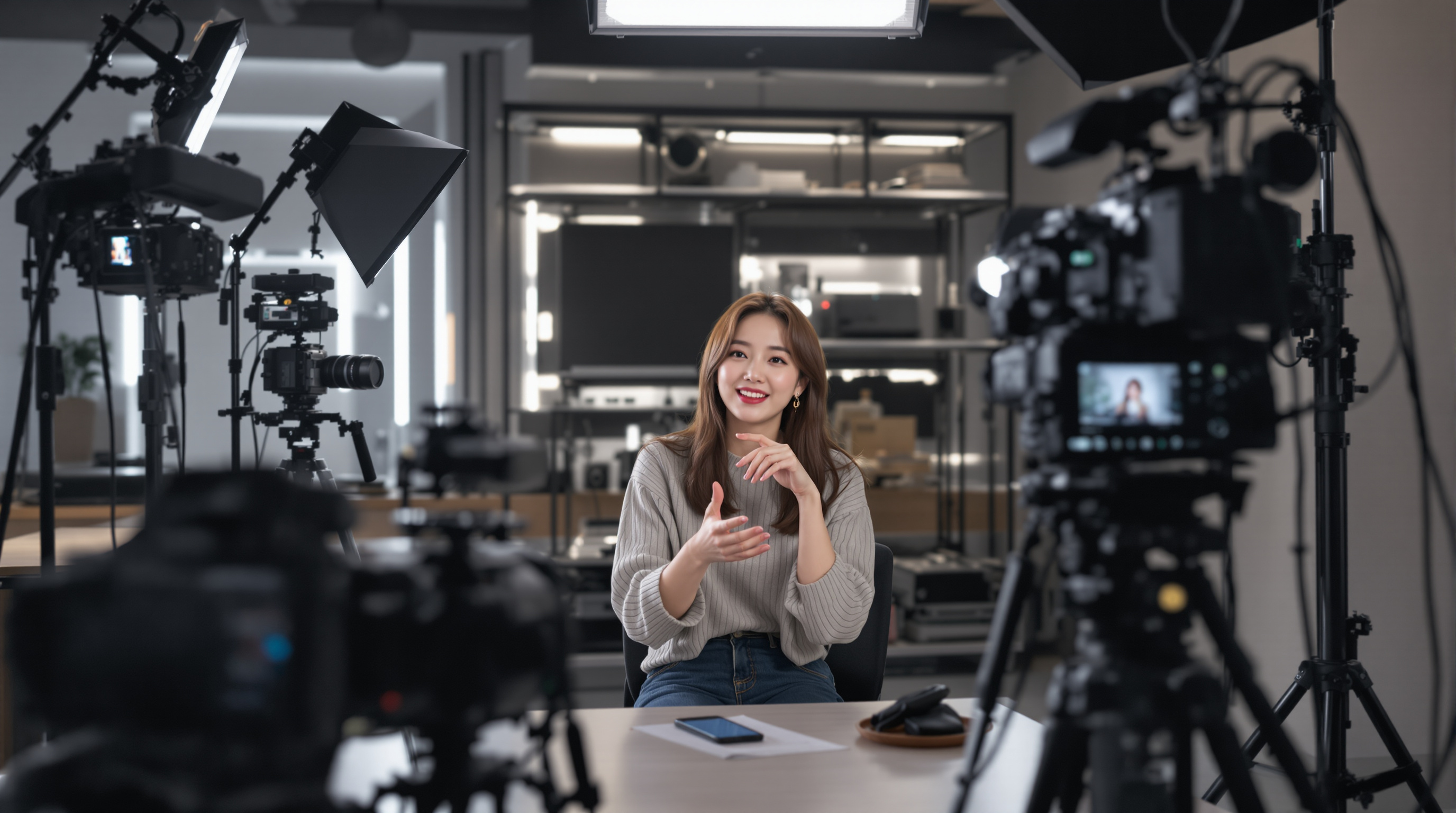 현대적인 스튜디오에서 유튜브 영상을 촬영하는 모습의 고현정