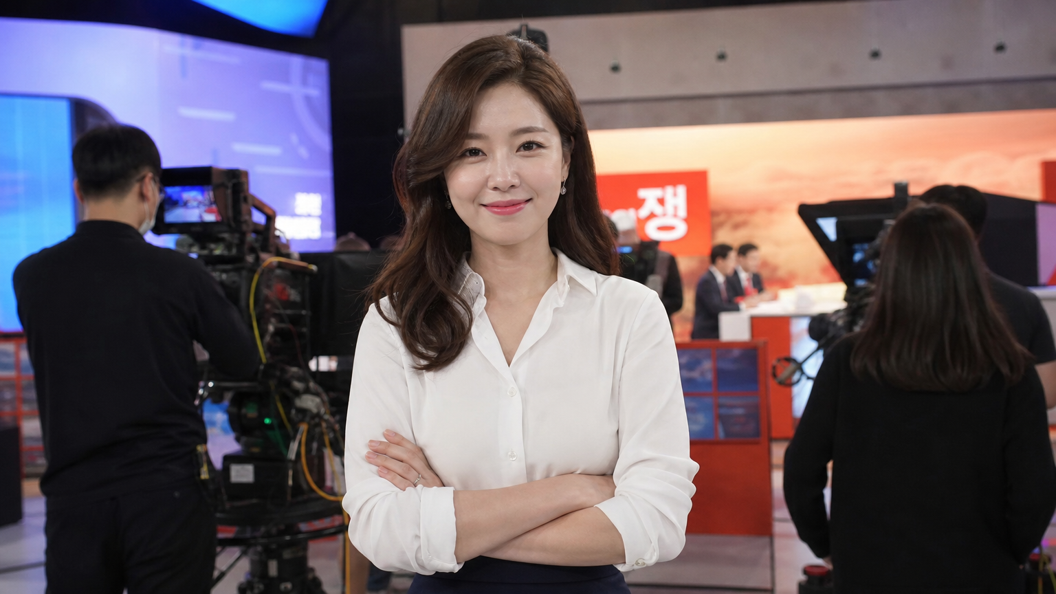 방송 스튜디오 앞에서 카메라와 제작진에 둘러싸인 자신감 있는 모습의 현대 여성