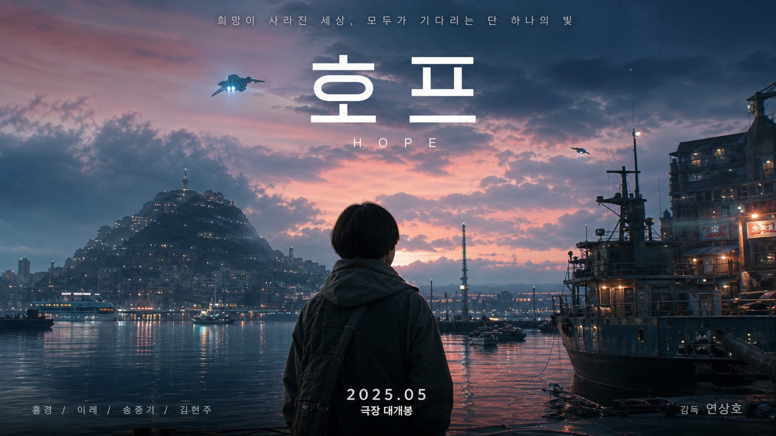 미래적인 항구 마을의 포스터로 가득한 기대감