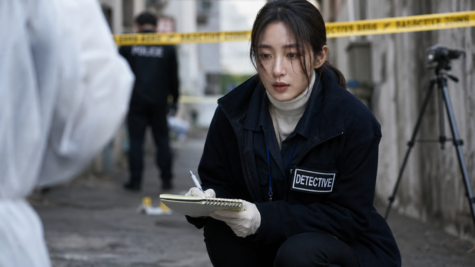 젊은 여성 형사가 사건 현장에서 메모를 하며 날카로운 눈빛으로 주위를 살피는 모습