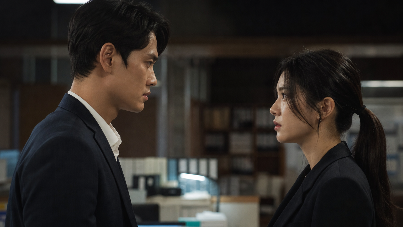 어두운 사무실에서 서로를 응시하며 긴장감을 유지하는 남녀의 모습