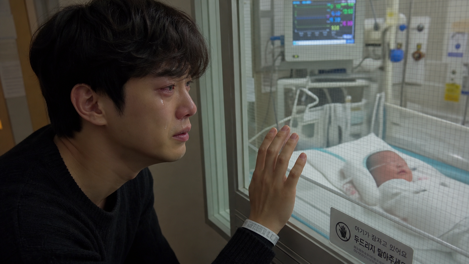 병원 스크린 너머로 갓 태어난 아기를 보고 눈물을 흘리는 남성