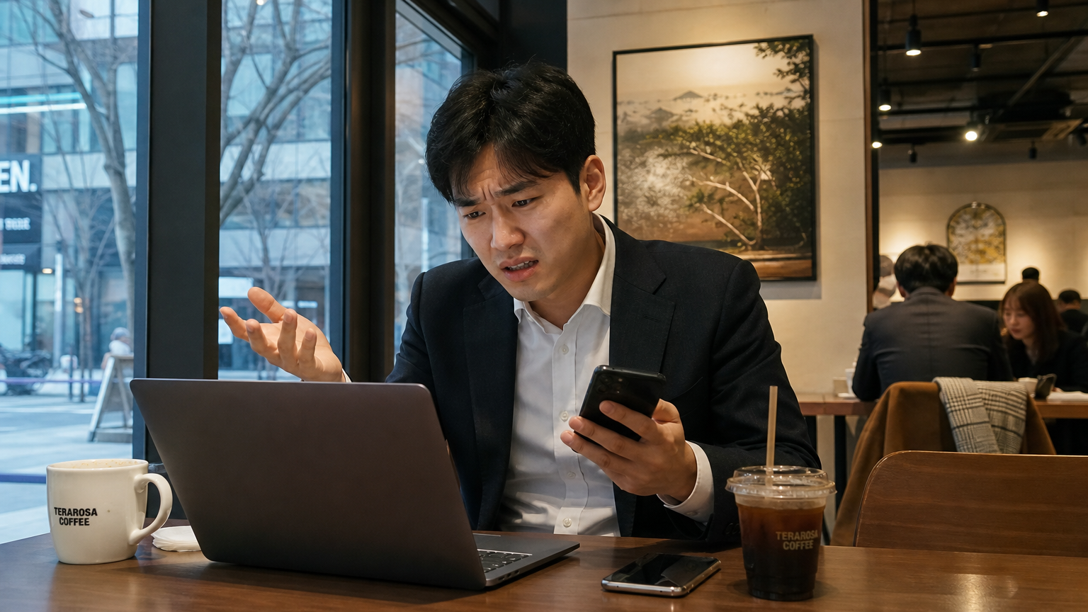 서울의 카페에서 여러 디지털 기기를 사용하며 느린 인터넷에 답답해하는 직장인의 모습