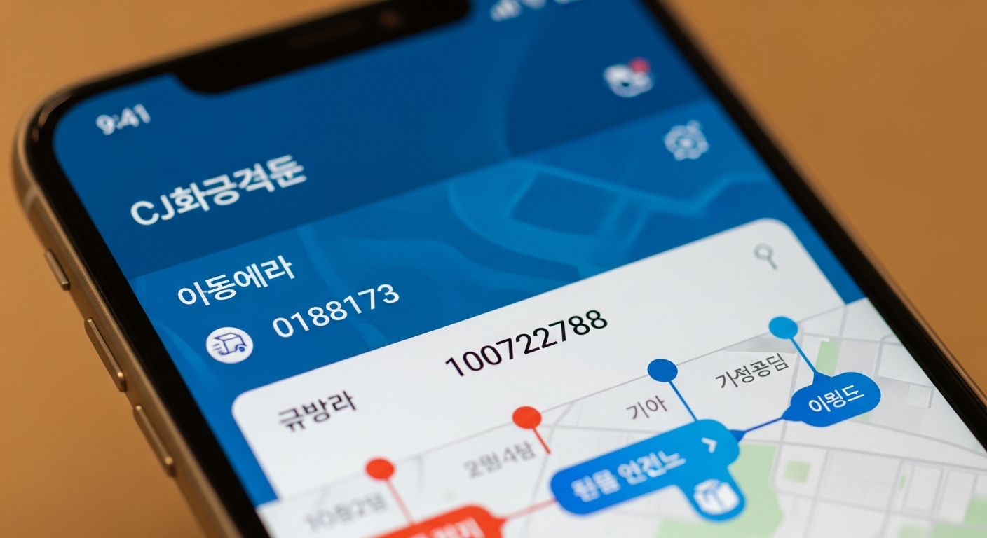 CJ대한통운 앱 화면에 실시간 택배 추적 정보가 표시된 스마트폰 클로즈업