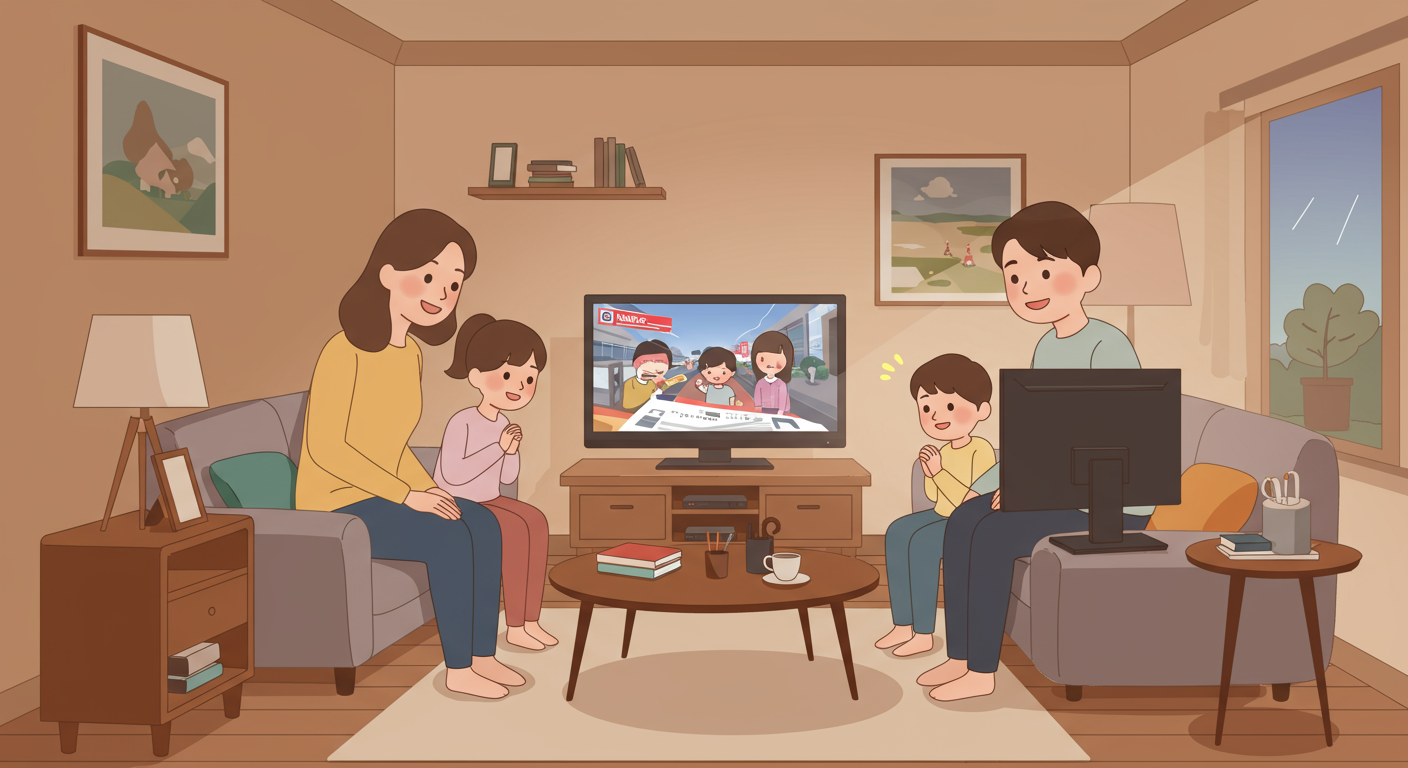 현대적인 한국 가족이 거실에서 에너지 지원 소식을 TV로 보고 있는 모습