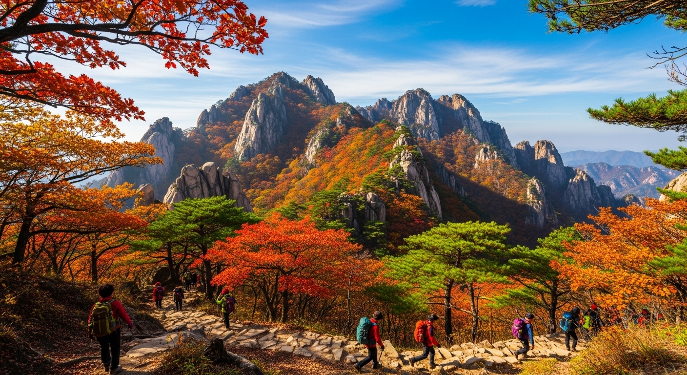 가을 단풍으로 물든 한국 산맥과 산책하는 사람들
