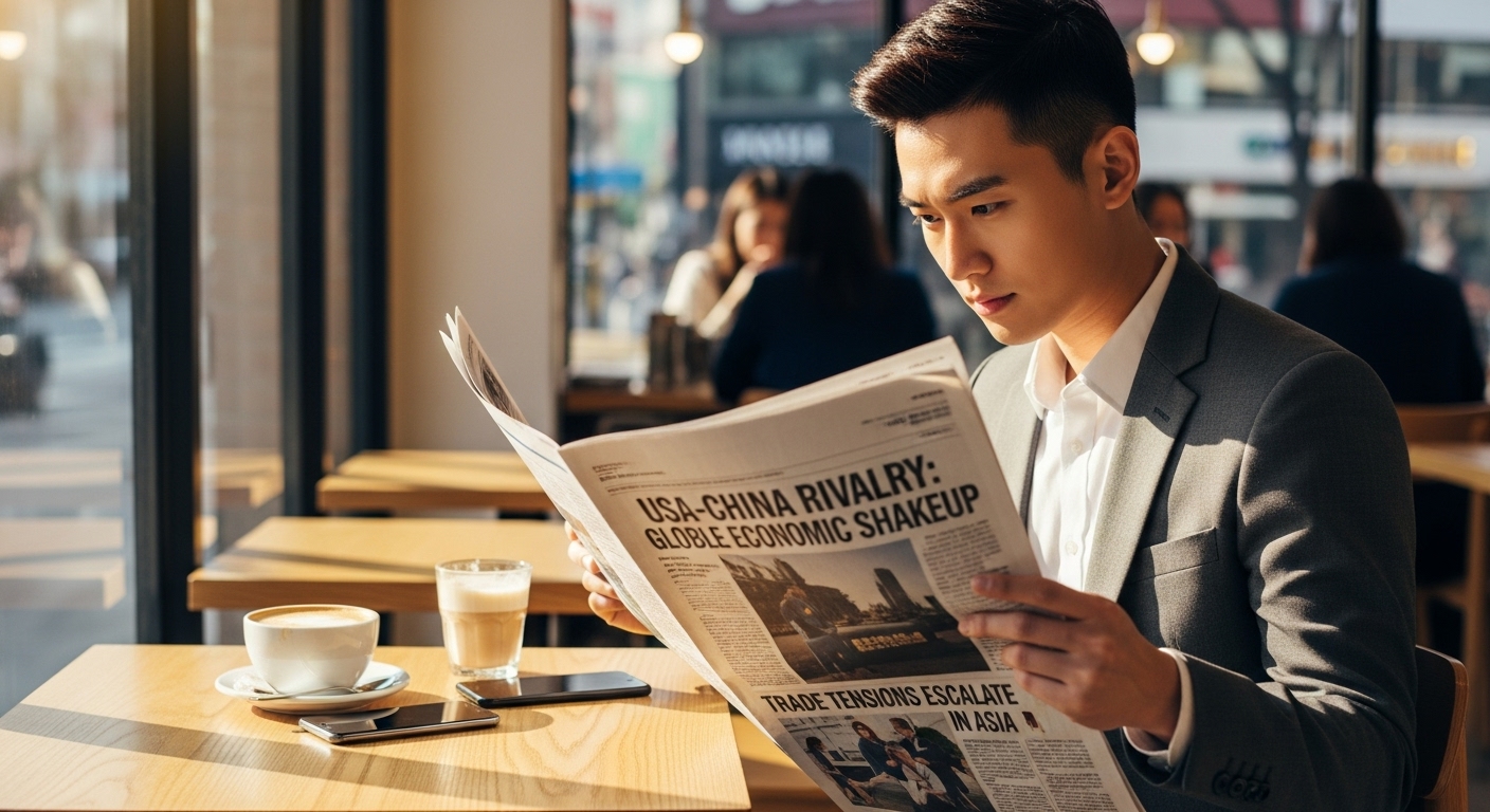 서울 카페에서 신문을 읽는 현대 한국 직장인의 모습, 미중 경쟁 관련 글로벌 뉴스 헤드라인 강조