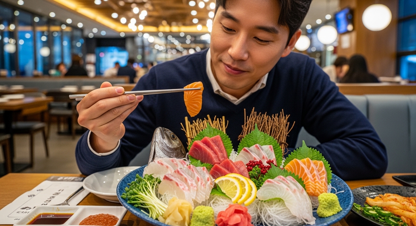 한국 남자가 현대적인 실내 레스토랑에서 싱싱한 회를 맛있게 먹는 장면