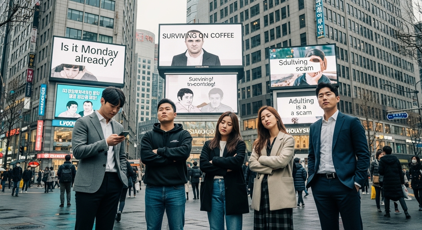 도시 속에서 표현하기 힘든 감정을 가진 현대인들의 모습, 디지털 화면에 비아냥과 조롱의 메시지가 흐르는 장면